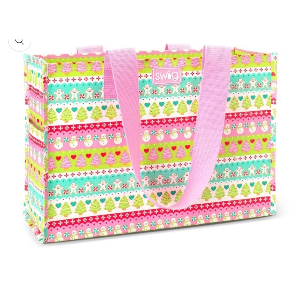 Swig Life Reusable Bag Cookie Jar Holiday Christmas Tote Pink Green NEW